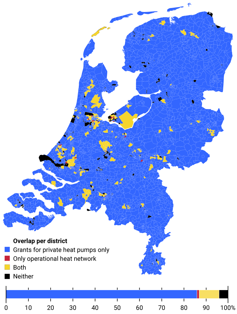 This map of the Netherlands shows the number of new heat pumps or connections to heat networks at district level. The underlying data can be found via the link under the image.