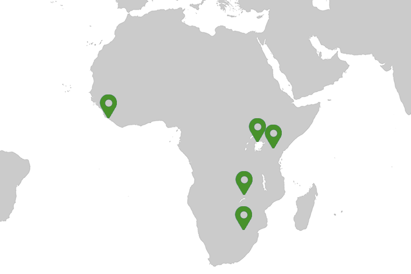 Kaart met Anti-witwassenprogrammalanden Kenia, Sierra Leone, Oeganda, Zambia en AFROSAI-E